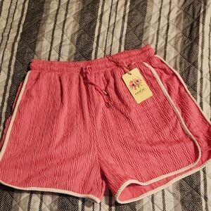entro Pink Textured Athletic Drawstring Shorts with White Trim